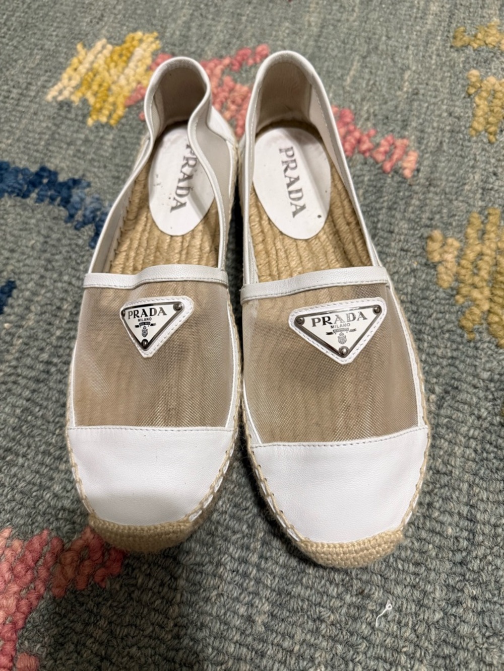 Prada Beige Mesh and White Leather Espadrille Flats